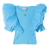 Twinset Solid Color Crew Neck T-Shirt With Light Blue Frills For Baby Girls
