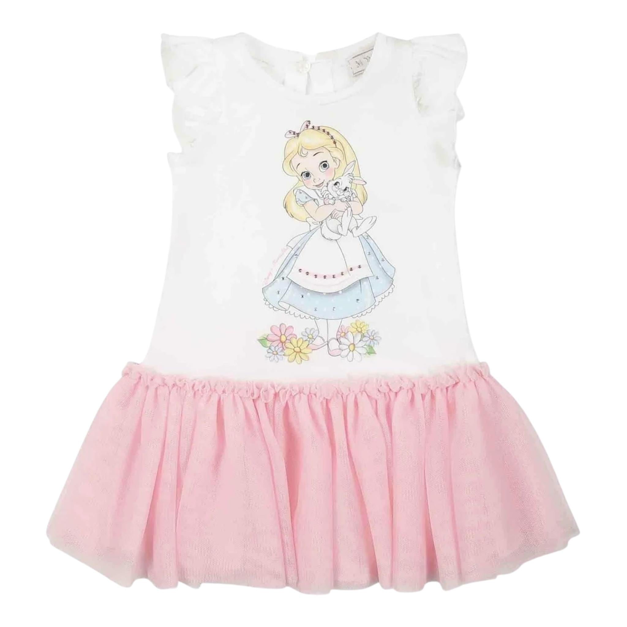 Monnalisa Abito Mezza Manica Tinta Unita con Gonna Tulle per Neonata 39E905 BIANCO/ROSA MONNALISA 