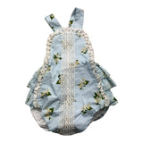 Phi Clothing Baby Girl Solid Color Romper With Ruffles And Blue Flower Print